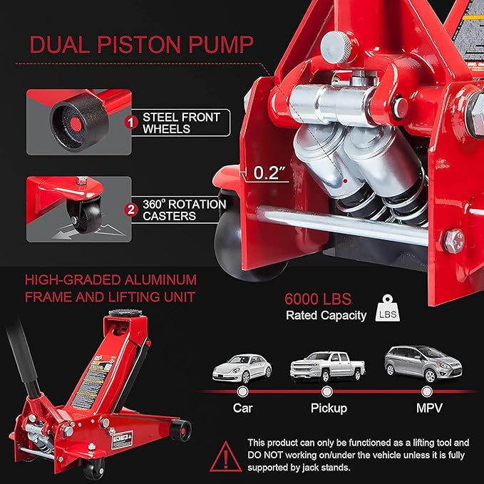 Big RED ATZ830023R Torin Hydraulic Heavy Duty Steel Service/Floor Jack with Dual Piston Quick Lift Pump, 3 Ton (6,000 lb) Capacity, Red