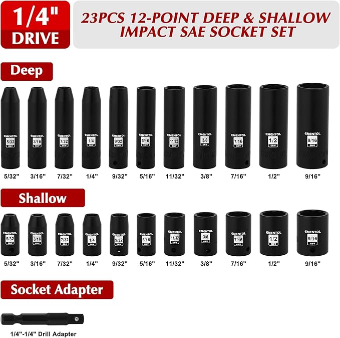 EMENTOL 1/4" Drive Impact Socket Set, 23 Pieces Deep & Shallow Socket Set, SAE 5/32"-9/16", 12 Point CR-V, Includes Drill Bit Adapter