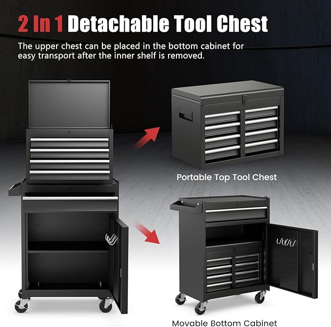 Goplus Tool Chest, 5 Drawers Rolling Tool Cabinet with Detachable Top Toolbox, Universal Lockable Wheels, Lock Bar, Protective Liner & Tool Rack, Metal Tool Storage Cart, Tool Box for Garage Workshop
