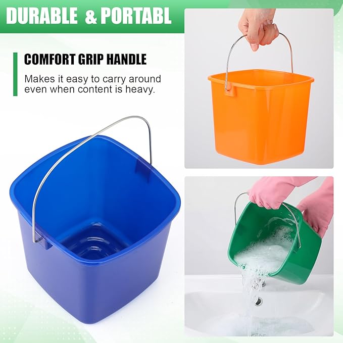 Zhehao 6 Pcs 3 Quart Bucket for Cleaning Small Sanitizer Bucket for Restaurant Square Plastic Pail with Handles for Home, Offices, Commercial Use, Food Service(Orange, Green, Blue)
