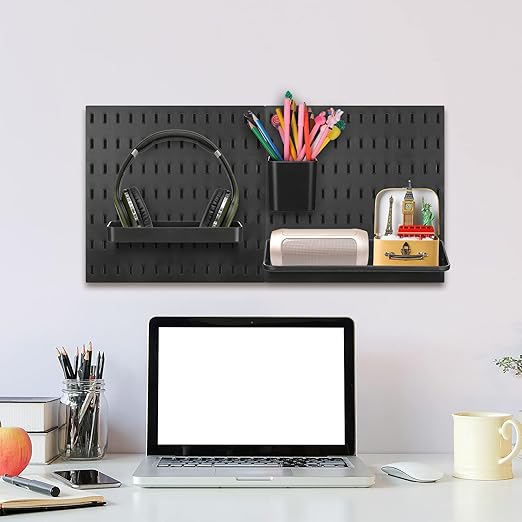 Unittype 17 Pcs Peg Board Combination Kit, 6 Plastic Wall Pegboard with 11 Accessories, 33" x 22" Desk Pegboard Organizer with Shelf Hook for Office, Kitchen, Gaming, Garage, Craft Room(Black)