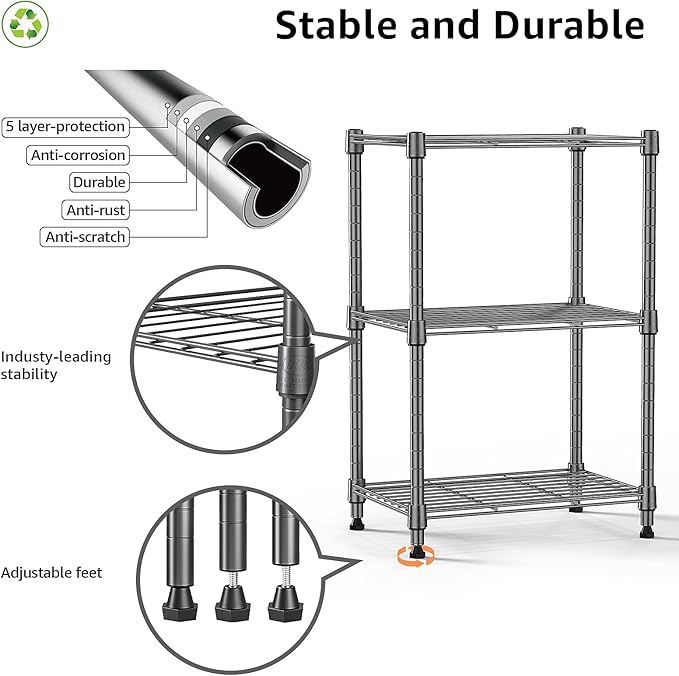 M MZG 450 lbs Steel Storage Shelving 3-Tier Utility Shelving Unit Steel Organizer Wire Rack for Home,Kitchen,Office (11.8" D x 17.7" W x 26.3" H)