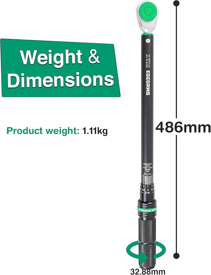 1/2-Inch Drive Click Torque Wrench, 22-150 Ft.lb/29.8-203.4 Nm Dual-direction Torque Wrench with ±3% High Precision, Dual Range Scales, Quick Release Reversible Head for Motorcycle, Car