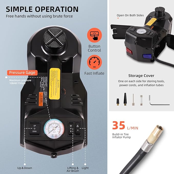 Electric Car Jack Kit 5 Ton 12V Portable Hydraulic Floor Jack with Impact Wrench and Inflatable Pump for SUV Car Tire Change Emergency Repair Kit with LED Light
