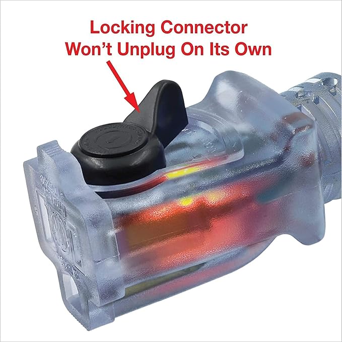 Clear Power 16 Gauge 3Prong Cords (Lighted Locking Connector, Black, 80 ft)