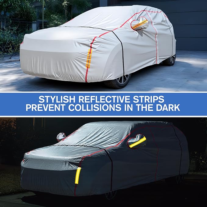 Car Cover Waterproof All Weather, 6 Layers Full Exterior Covers with Zipper Cotton, Mirror Pocket. Outdoor Car Cover UV Snow Rain Wind Dust All Weather Outdoor Protection for SUV (185-190 inch)