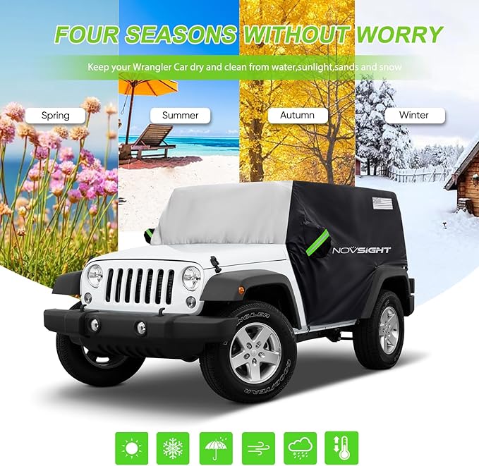 NOVSIGHT Cab Cover for Jeep Wrangler 2 Doors - 2007-2025 CJ, TJ, JK, JL, All Weather Half Car Covers for Wrangler 2 Door with 3 Straps Anti-UV Windproof Rain-Proof Auto Cover with Storage Bag