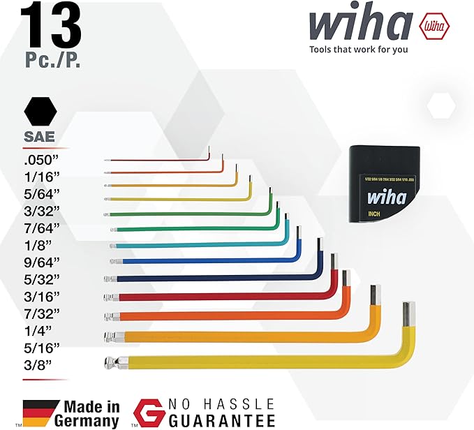 Wiha 66981 13-Piece Color Coded SAE Hex Key Allen Wrench Set, Ball End L-Key, .05"-3/8", Made in Germany