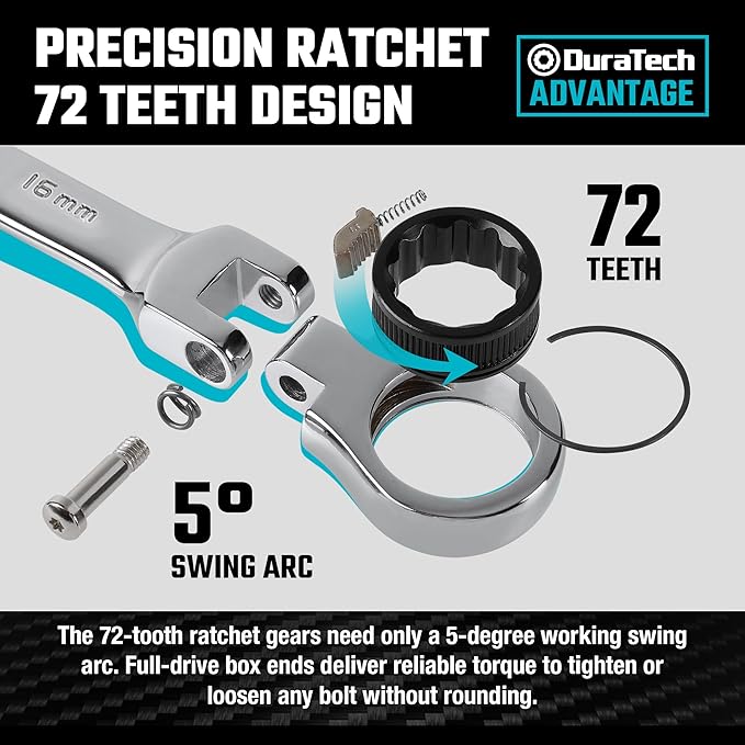 DURATECH 12-Piece Flex-Head Ratcheting Combination Wrench Set, 72-Tooth, Metric, 8-19 mm, Cr-v Steel, Organized in Storage Case