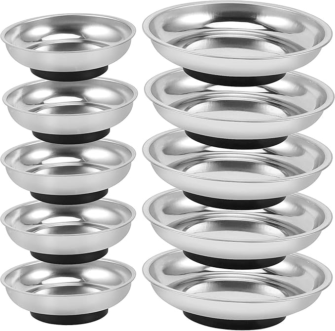 ZOENHOU 10 PCS 4” 6” Round Magnetic Tray, Stainless Steel Magnet Parts Tools Trays Parts Screw Holder Metal Collector for Mechanics Hobbyists Woodworker