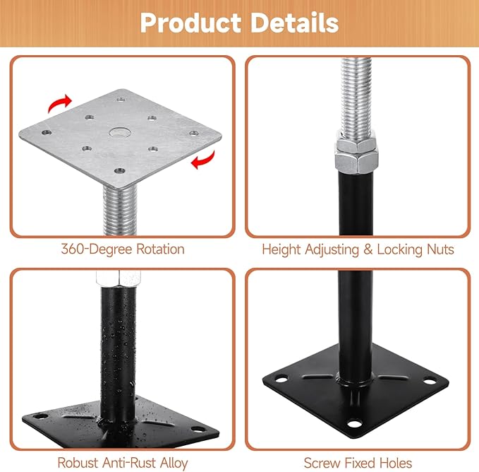 4 PCS Adjustable Floor Jacks, Heavy Duty Metal Post Floor Support, 5 to 8 Inches Mini Screw House Jack, Deck Foundation Lift Support, Level Support Floor Straightener for Balcony Patio Courtyard
