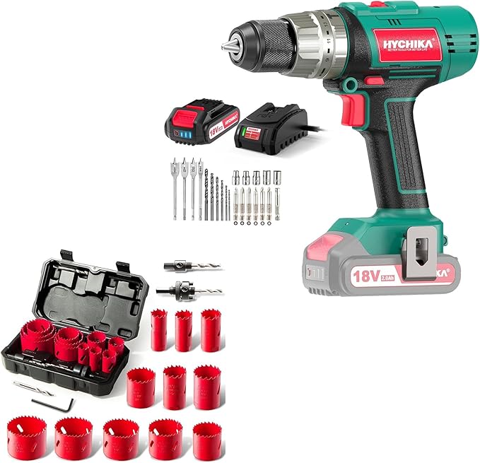 HYCHIKA 18V Cordless Hammer Drill Driver, Bi-Metal Hole Saw Kit 3/4" to 2-1/2", Tool Combo Kit