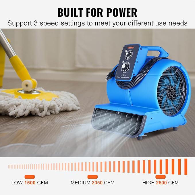 VEVOR Air Mover, 1/2 HP 2600 CFM Carpet Dryer for Cooling and Ventilating, Portable Floor Blower Fan with 4 Blowing Angles and Time Function, for Janitorial, Home, Commercial Use