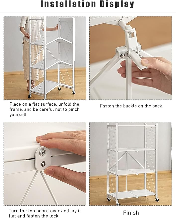 Lanstics 4 Tier Foldable Folding Shelves Heavy Duty Storage Shelving with Wheels Metal Shelf Standing Shelves Units for Home Kitchen Living Room