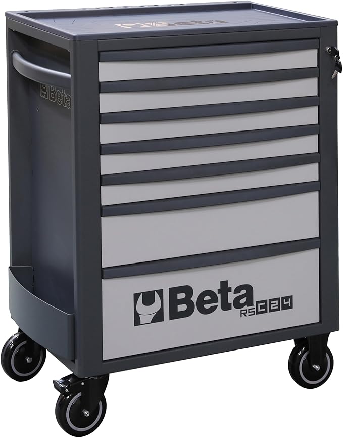 Beta RSC24 Heavy Duty Rolling Tool Cabinet, 7 Drawers, Light Grey, Ball Bearing Slides, Rubber Mat Liners, 5" Casters, Anti-Fall Edge Worktop, 1760 lbs Load Capacity, Made in Italy