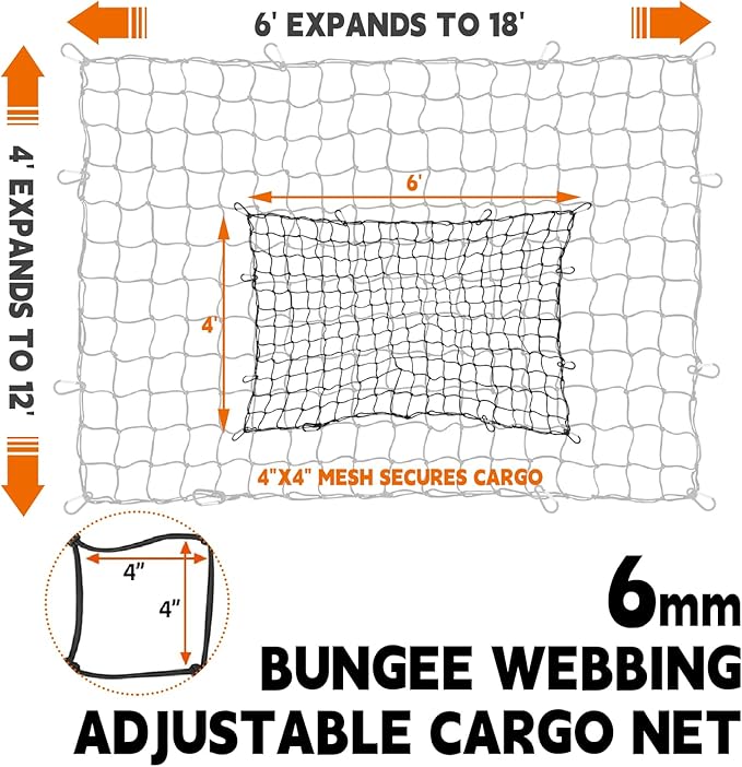 DEDC 4' x 6' Cargo Net for Pickup Truck Bed Stretches to 12' x 18',Universal Heavy Duty Truck Bed Cargo Net for Trailer 4”x4” Latex Bungee Mesh Cargo Net for SUV/Trailer/Ford/Dodge RAM/Chevy/Toyota