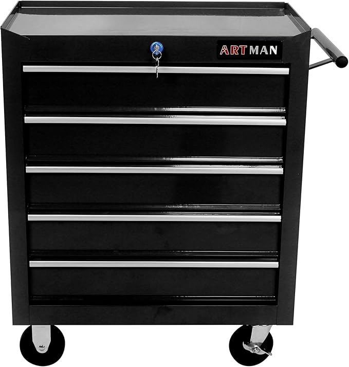 YOPTO Multifunctional Cart with 5 Ball-Bearing Drawers,Portable Rolling Tool Chest W/ 4 Wheels,Key Locking and Pull Handle,for Garage,Warehouse,Workshop,Repair Shop,Black