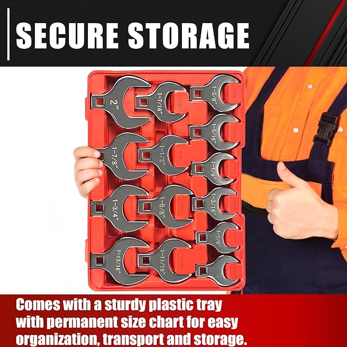 C&T 14-Piece 1/2” Drive Jumbo Crowfoot Wrench Set, SAE Sizes from 1-1/16" to 2" with Storage Tray,Chrome Vanadium Steel and Fully Polished Chrome Finished