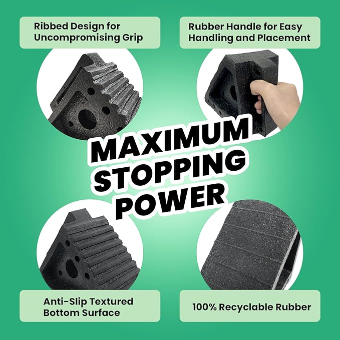 HOXWELL Solid Heavy Duty Recycled Rubber Wheel Chocks 4 Packs, Premium Wheel Stopper for Car, Travel Trailers, RV, Truck, and ATV, 100% Recycled, 7.8" x 4" x 5.9"