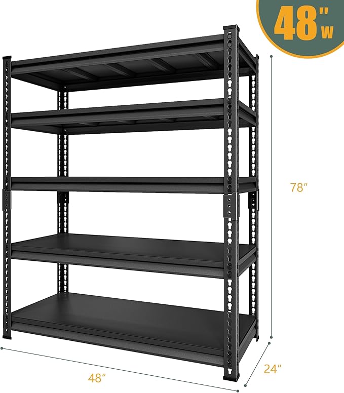 5-Tier Heavy Duty Metal Garage Shelving Unit, 48"W x 24"D x 78"H, 3000 lbs Capacity, Black, Industrial Style