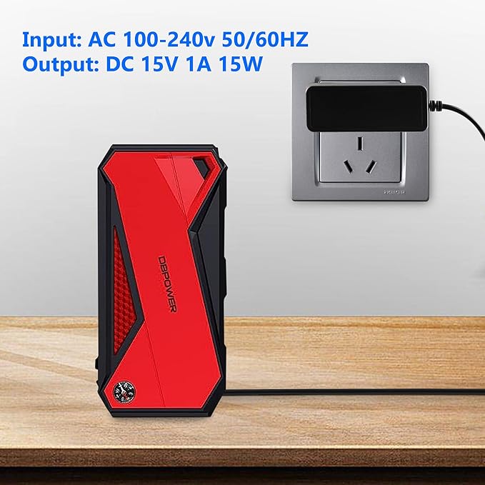Car Jump Starter Charger - 15V 1A Power Supply Adapter with Charging Cable for Peak 450A-1000A Auto Battery Boosters, Compatible with Beatit, Tacklife, Gooloo & More Portable Jump Starters