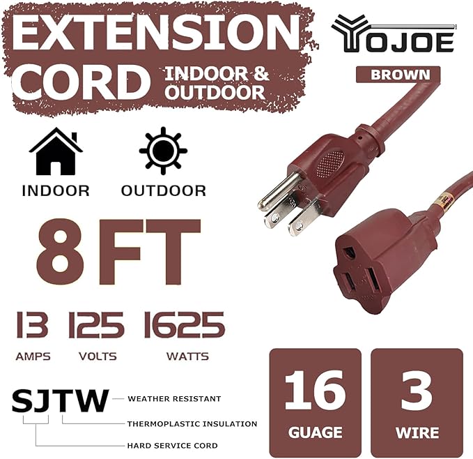 YOJOE Indoor Outdoor Extension Cord, 3 Prong 13A Weatherproof Power Cord, 16 Gauge Heavy Duty 8 ft Brown Extension Cord for Garage, Garden and Home, 16/3 SJTW UL Listed