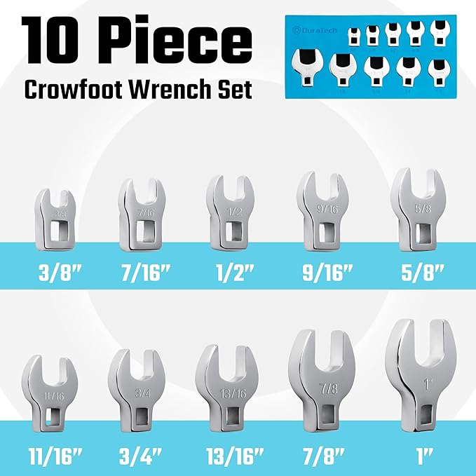 DURATECH 10-Piece 3/8" Drive Crowfoot Wrench Set, Open End Wrench Set, SAE, 3/8"-1", CR-V Steel, with EVA Foam Tool Organizer