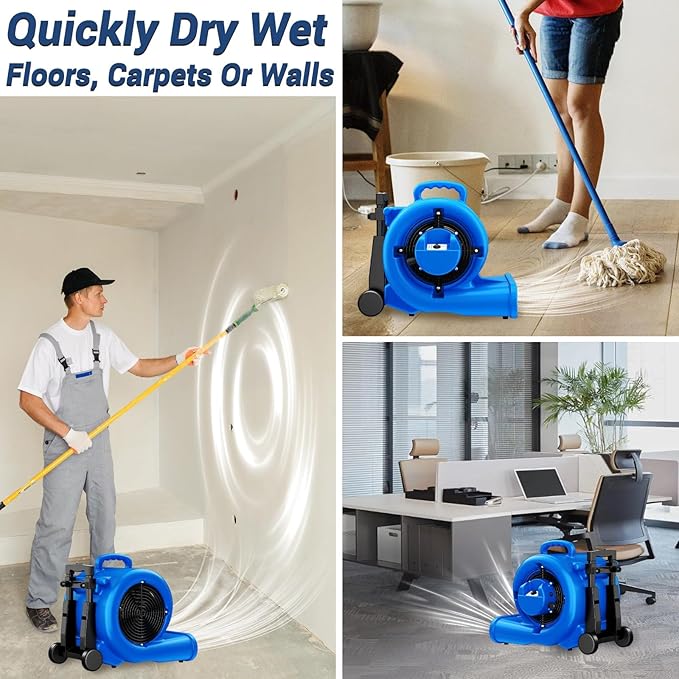 5000 CFM 1HP Air Mover Blower Fan, Floor Blower Dryer - Timer for Industria, 3 Speeds, 4 Adjustable Angles, Handle Wheelkit, 15Ft Long Cord Portable, Stackable - 2026 Upgraded, Blue