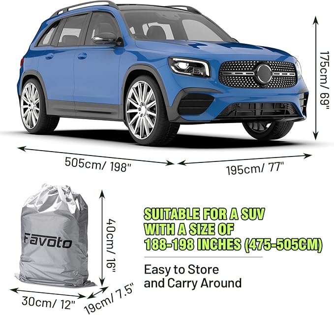 Favoto SUV Car Cover Waterproof - All Weather for Automobiles 6 Layers Heavy Duty Outdoor Full Car Cover Sun Protection with Side Zipper Windproof Straps, Universal Fit for SUV (188-198 inch)