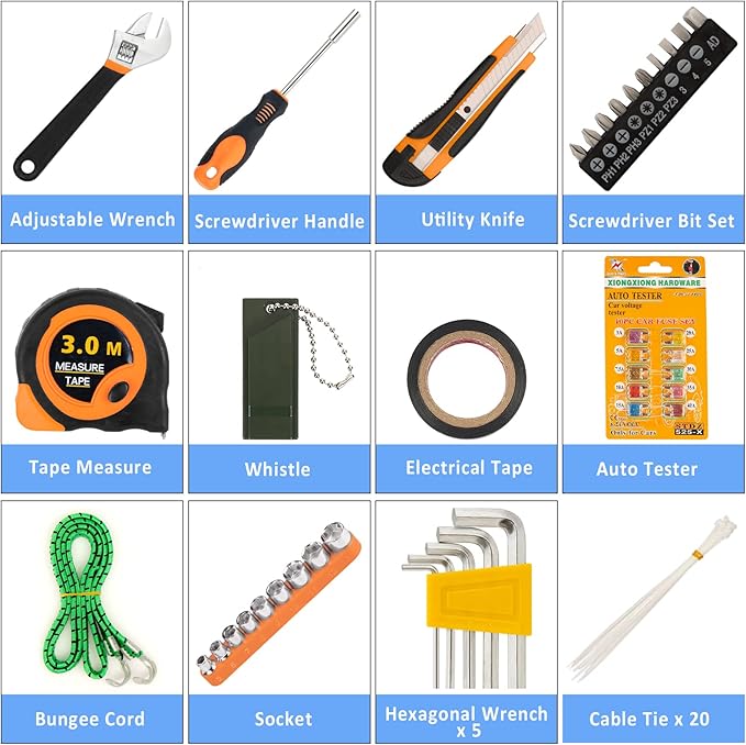 AUTODECO 98 PCS Roadside Car Emergency Assistance Kit with Portable Air Compressor Jumper Cables Safety Hammer All in One Pliers Tool Set（Orange）