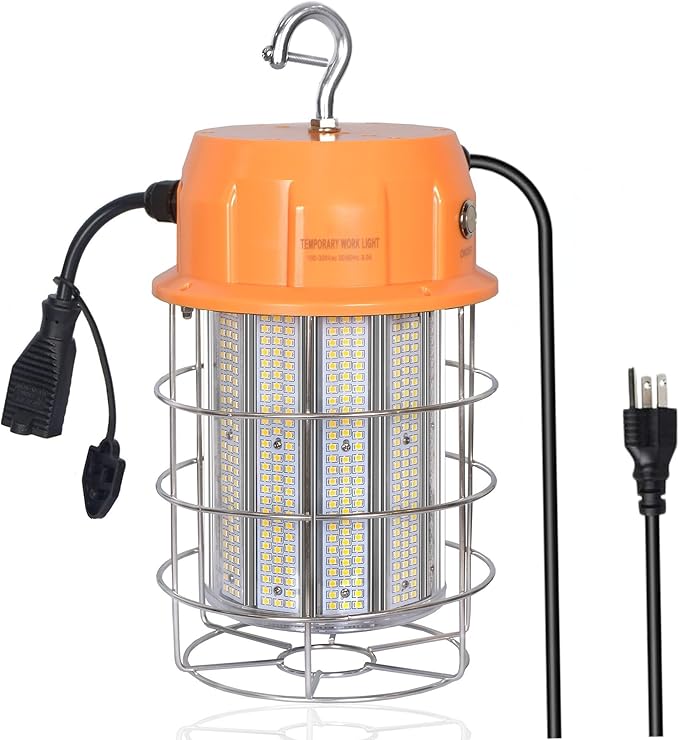 250W LED Temporary Work Light, Portable Hanging Work Construction Light,5000K 35,000 Lumens Light with Stainless Steel Shield and Hook,for Indoor Mine Job Site Lighting, Plug and Play