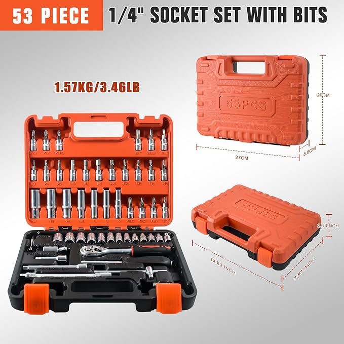 53 Pieces Socket Wrench Set Drive Socket Set with 1/4 Inch Ratcheting Wrench Plastic Toolbox Storage Case for Automotive Repair And Home Use