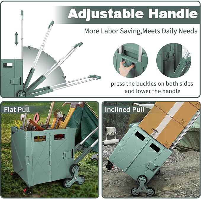 76L Folding Utility Cart Portable Rolling Crate Handcart Shopping Collapsible Tool Box with Stair Climbing Wheels,Hidden Lid,2 Rotate Wheels,for Grocery,Shopping,Office,Storage(Dark Green)