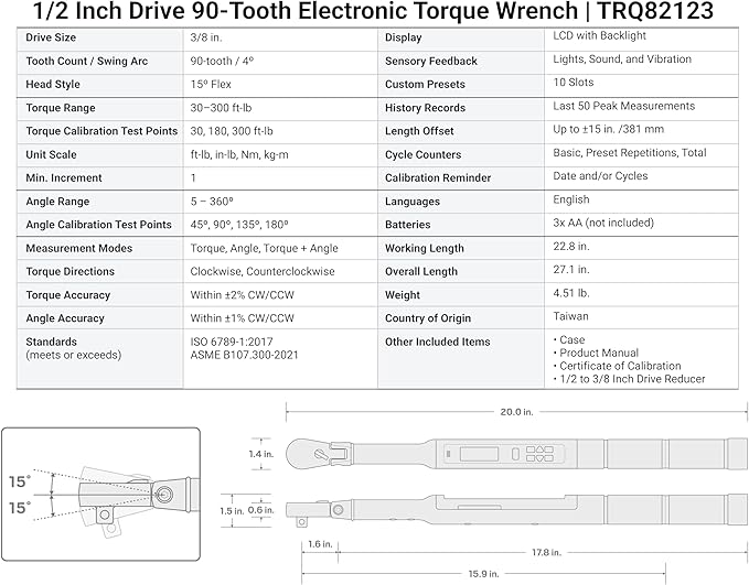 TEKTON 1/2 Inch Drive 90-Tooth Flex Head Dual-Direction Electronic Torque Wrench (30-300 ft-lb) | TRQ82123