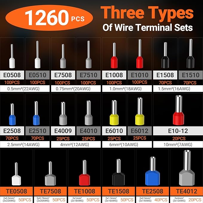 Preciva Ferrule Crimping Tool Kit with Portable Suitcase, Square Crimping Pliers for AWG 23-7 Ratchet Crimper with 1000PCS Single and 260PCS Twin Ferrules Connectors