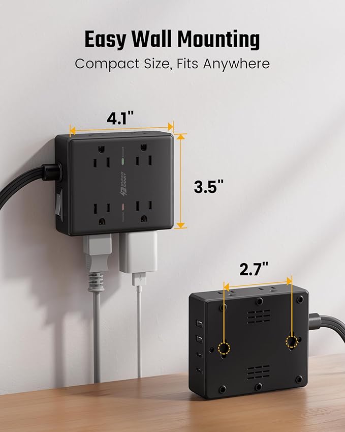 15Ft Extension Cord with Multiple Outlets, Flat Plug Power Strip Surge Protector with 15 Ft Long Cord, 8 Outlet 4 USB Ports (2 USB C), Desk Charging Station for Home Office, College Dorm Room