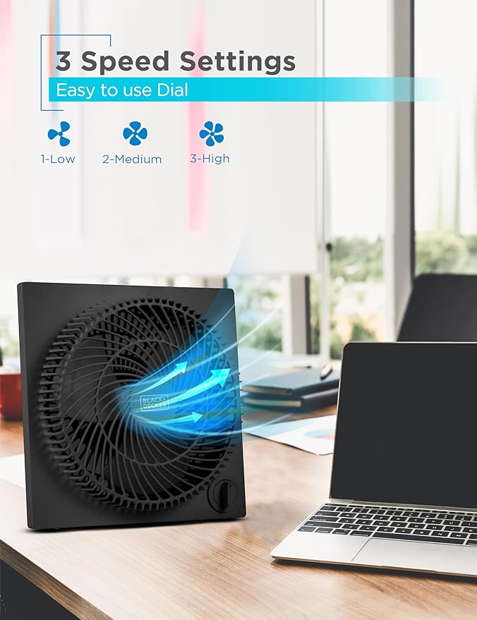 BLACK+DECKER 9-Inch Frameless Box Fan, Freestanding Desk Fan with 3-Speed Settings, Portable Fan for Home Office or Garage, BFB09B, Black