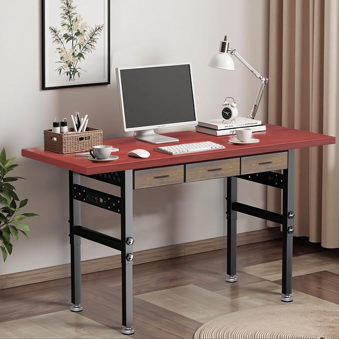 60in Adjustable Height Workbench Desk with Drawers,Power Outlets, Rubber Wood Top Heavy-Duty Work Table, 2000 LBS Load Capacity Work Station for Garage, Workshop, Office, Home