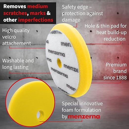menzerna 6 Inch Polishing Pad Medium Cut for Medium Fine Polishing I Body Repair & Detailing Pads with Safety Edge & Velcro Attachment I Washable & Long Lasting I with Hole for Anti Heat Build-Up