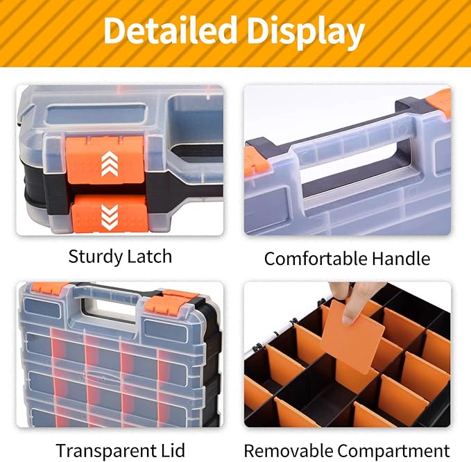 2 Pack Small Parts Organizer, 34-Compartments Hardware Organizer Box, Double Side Storage Case Tools Box with Removable Dividers for Screws, Bolts, Nails, Beads, Jewelry & More