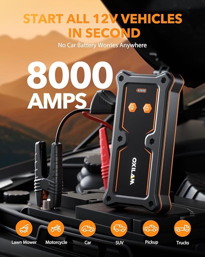 OXILAM 8000A Jump Starter - Car Jumper Starter Portable for All Gas & Diesel Engines, 12V Jump Box for Car Battery with Extended Jumper Cables, USB, DC, Type C Port & LED Light