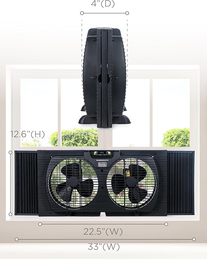 BLACK+DECKER 9" Dual Window Fan with 2 Speed Settings, Twin Fan Heads with Mechanical Dial Control, Removable Legs, For Sliding Windows up to 33” W with Accordion Expanders, BFW9MB, Black