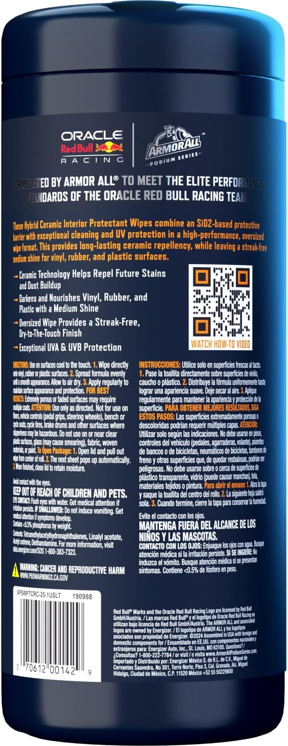 Armor All Podium Series Hybrid Ceramic Medium Shine Protectant Wipes, 25 Count, Interior Car Wipes Developed in Collaboration With Oracle Red Bull Racing
