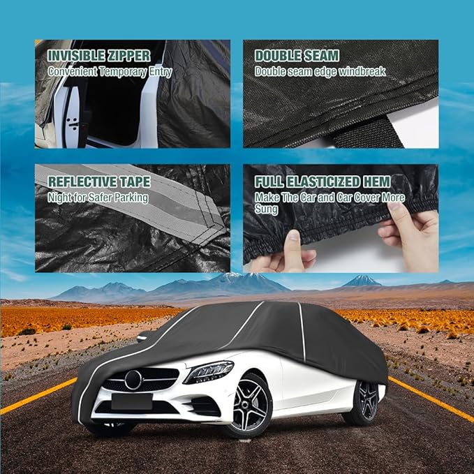 Fluorescent Strip Design 6 Layers Waterproof Car Cover Compatible for Mercedes Benz C-Class C250 C300 C350 C400 2008-2024 All Weather Full Car Cover with Storage Bag