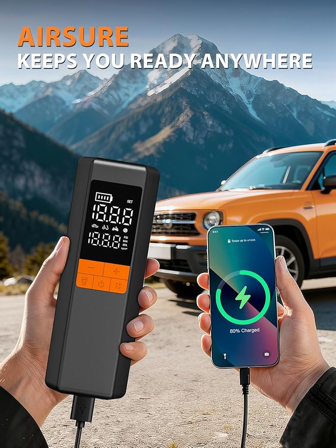 AIRSURE Tire Inflator Portable Air Compressor, 5X Faster Air Pump for Car Tires, 150PSI Cordless Tire Pump with Powerful Battery, Digital Gauge, 12V DC & Auto Shut-Off for Car, Bike, Motorcycle, Balls