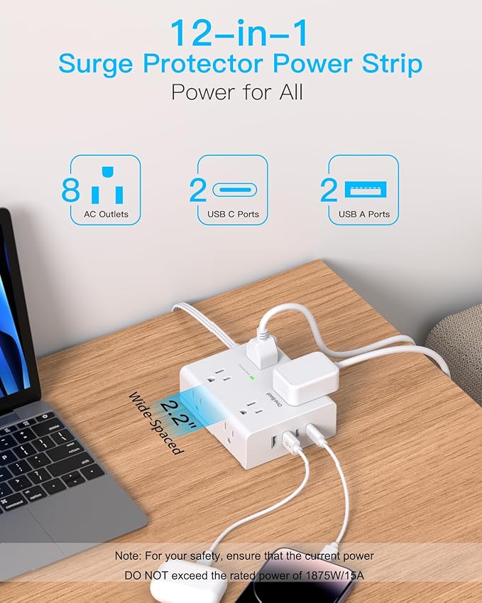Surge Protector Power Strip 20 ft Cord, Flat Plug Extension Cord with 8 Outlets 4 USB Ports(2 USB C), 3 Side Wall Mount Outlet Extender, Long Extension Cord for Home Office Dorm Room Essentials