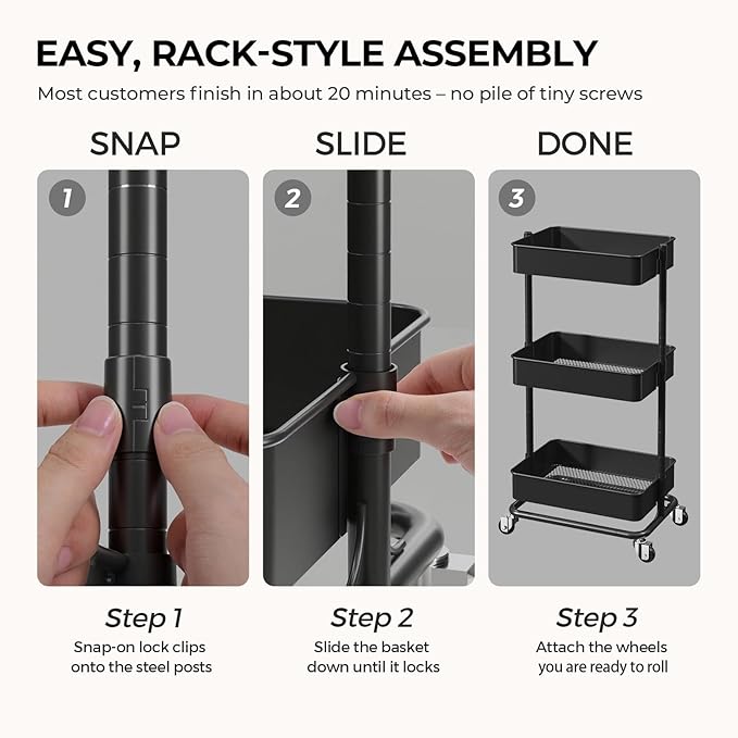 3 Tier Rolling Cart with Wheels for Home Organization, No Wobble Metal Utility Cart with Locking Casters, Adjustable Shelves Tool-Free Assembly Rolling Storage Cart for Kitchen Bathroom Laundry Room