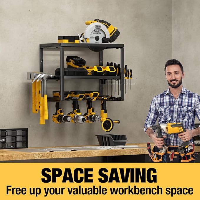 YYR Heavy Duty Power Tool Organizer Wall Mount, Cordless Drill Hanger Storage Rack, Battery Tools Holder with Charging Station Shelf for Garage Organization, Workshop, Pegboard, Shed - 16 Inch 4 Slots