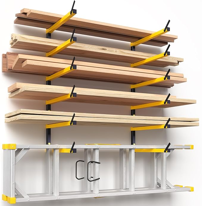 GREENER Lumber Storage Rack Folding Wood Storage Racks Wall-Mounted Metal Racks for Storage with 6-Level Heavy Duty Garage Wood Organizer for Woodworking Shop Indoor & Outdoor Use, 2 pairs,Yellow