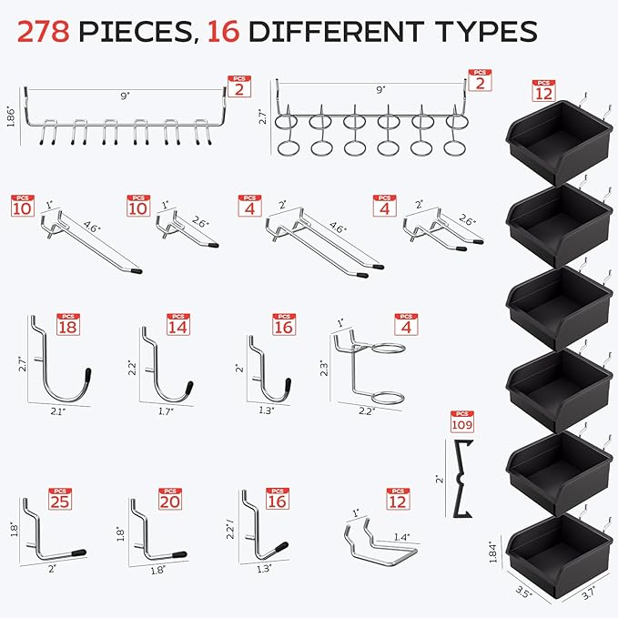 278PCS Upgraded Pegboard Hooks Assortment, Peg Board Organizer Accessories with Bins, Fit 1/8 or 1/4 inch PegBoard for Hanging Tools Storage, Garage, Workbench, Wall, Craft Room and Workshop